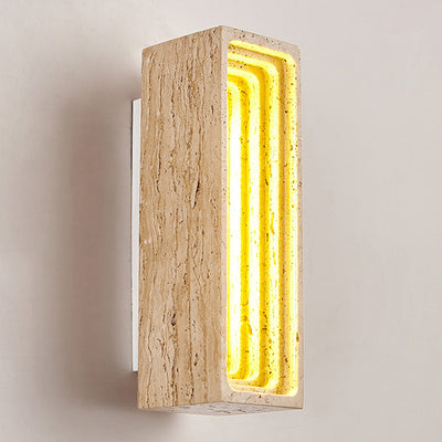 Traditional Japanese Rectangular Hollow Multi-Layer Yellow Travertine LED Wall Sconce Lamp For Bedroom