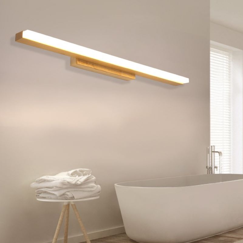 Contemporary Scandinavian Rectangular Long Rubber Wood Acrylic LED Vanity Light Mirror Front Wall Sconce Lamp For Bathroom