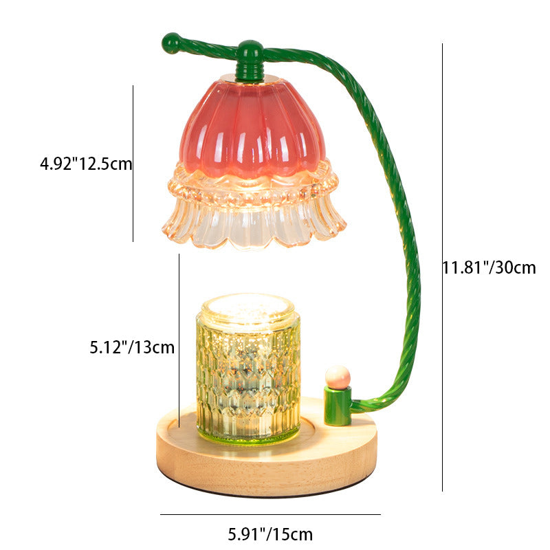 Zeitgenössische skandinavische Zylinderglockenblumen-Scheibenbasis Holzglas 1-Licht Schmelzwachs-Tischlampe für Schlafzimmer 