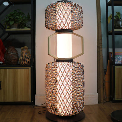 Traditional Japanese Cylinder Lantern Mesh Iron Solid Wood Rattan LED Standing Floor Lamp For Living Room