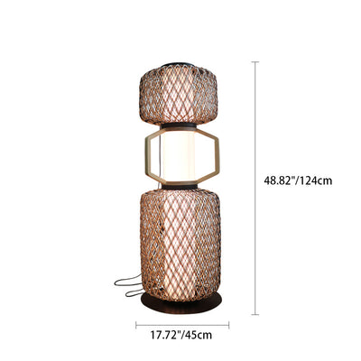 Traditional Japanese Cylinder Lantern Mesh Iron Solid Wood Rattan LED Standing Floor Lamp For Living Room