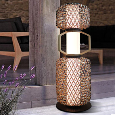 Traditional Japanese Cylinder Lantern Mesh Iron Solid Wood Rattan LED Standing Floor Lamp For Living Room