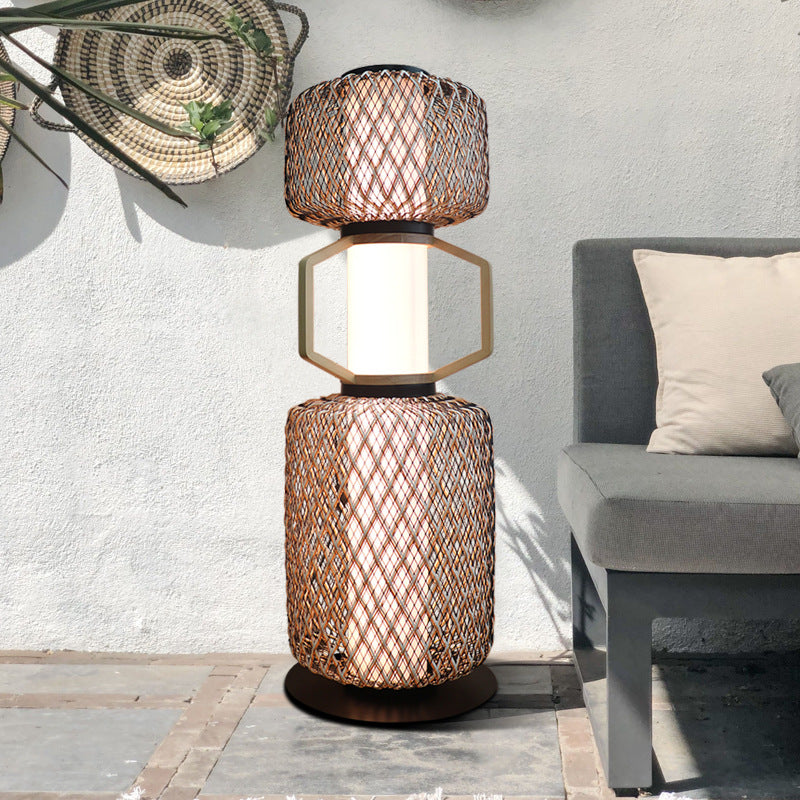 Traditional Japanese Cylinder Lantern Mesh Iron Solid Wood Rattan LED Standing Floor Lamp For Living Room