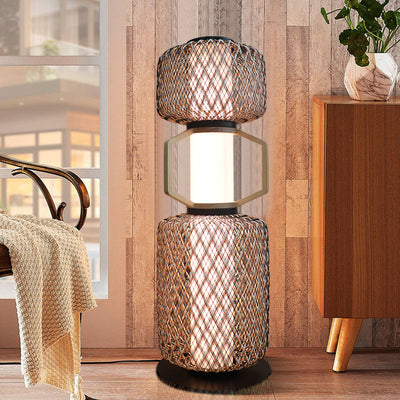 Traditional Japanese Cylinder Lantern Mesh Iron Solid Wood Rattan LED Standing Floor Lamp For Living Room