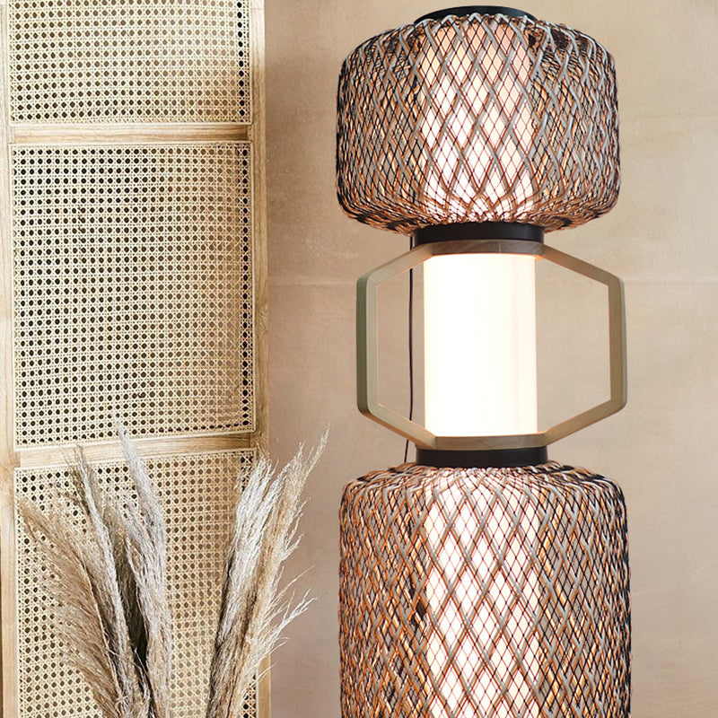 Traditional Japanese Cylinder Lantern Mesh Iron Solid Wood Rattan LED Standing Floor Lamp For Living Room