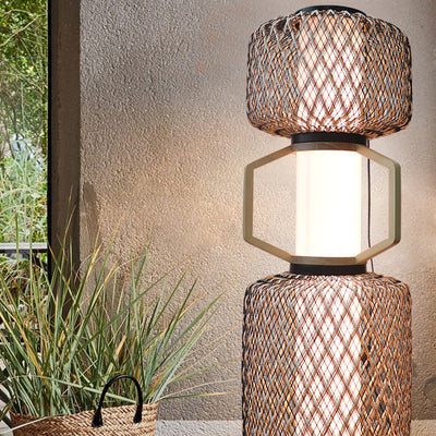 Traditional Japanese Cylinder Lantern Mesh Iron Solid Wood Rattan LED Standing Floor Lamp For Living Room