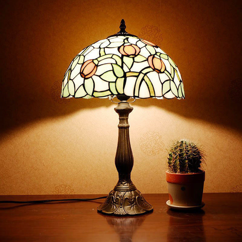 Traditional Tiffany Half Round Oval Lotus Flower Stained Glass Alloy 1-Light Table Lamp For Bedroom