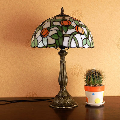 Traditional Tiffany Half Round Oval Lotus Flower Stained Glass Alloy 1-Light Table Lamp For Bedroom