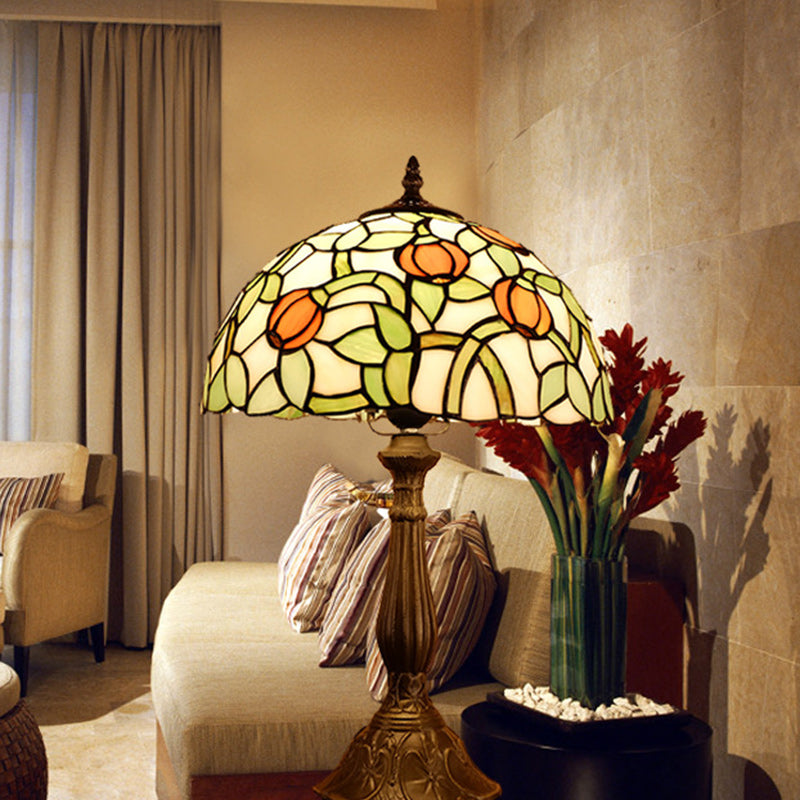 Traditional Tiffany Half Round Oval Lotus Flower Stained Glass Alloy 1-Light Table Lamp For Bedroom