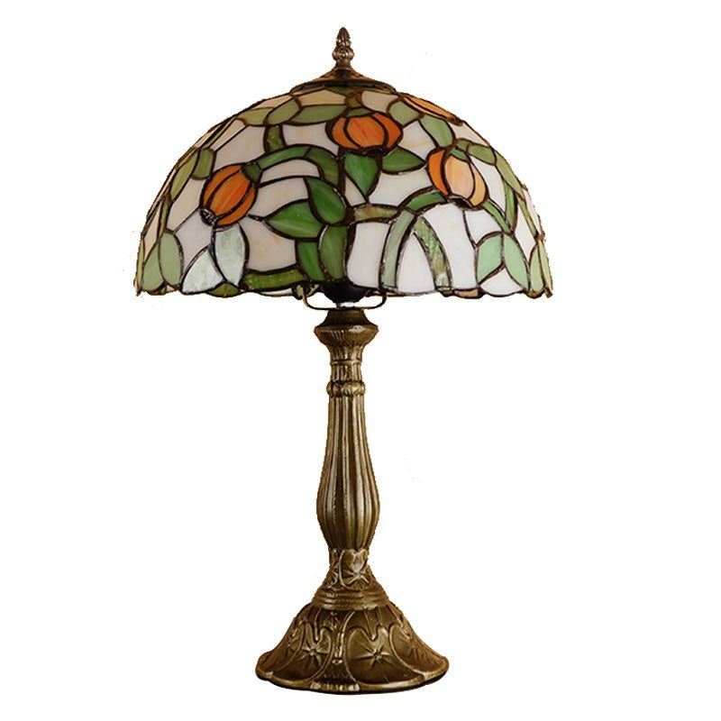 Traditional Tiffany Half Round Oval Lotus Flower Stained Glass Alloy 1-Light Table Lamp For Bedroom