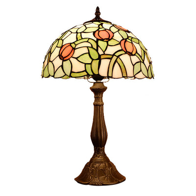 Traditional Tiffany Half Round Oval Lotus Flower Stained Glass Alloy 1-Light Table Lamp For Bedroom