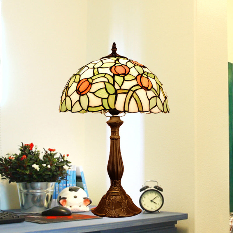 Traditional Tiffany Half Round Oval Lotus Flower Stained Glass Alloy 1-Light Table Lamp For Bedroom