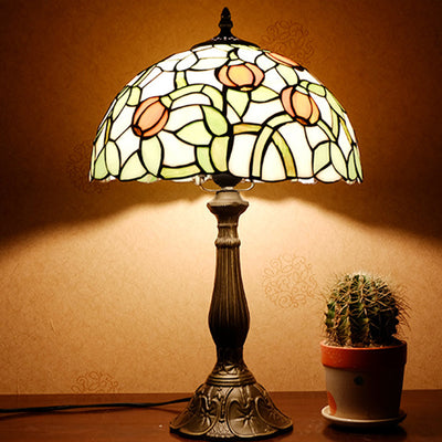 Traditional Tiffany Half Round Oval Lotus Flower Stained Glass Alloy 1-Light Table Lamp For Bedroom