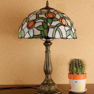 Traditional Tiffany Half Round Oval Lotus Flower Stained Glass Alloy 1-Light Table Lamp For Bedroom