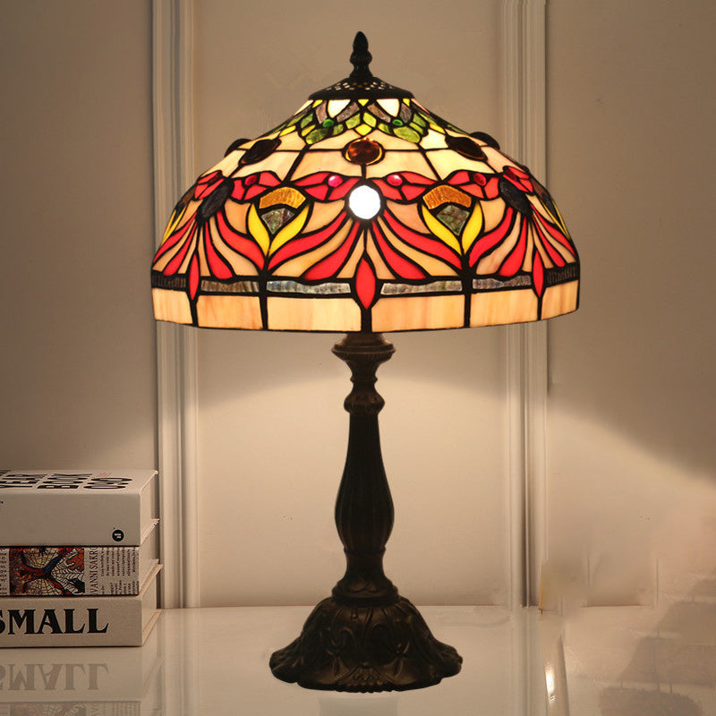 Traditional Tiffany Umbrella Oval Round Table Base Goldfish Stained Glass Aluminum Alloy 1-Light Table Lamp For Bedroom