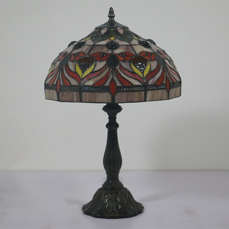 Traditional Tiffany Umbrella Oval Round Table Base Goldfish Stained Glass Aluminum Alloy 1-Light Table Lamp For Bedroom