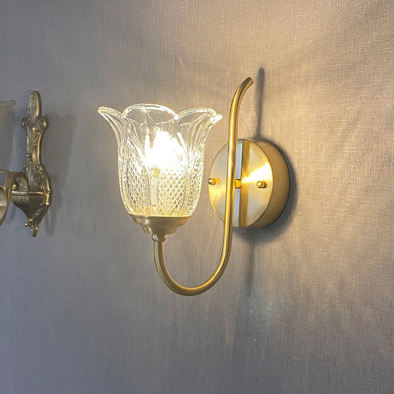 Contemporary Luxury Floral Disc Base Embossed Copper Glass 1/2 Light Wall Sconce Lamp Bedroom