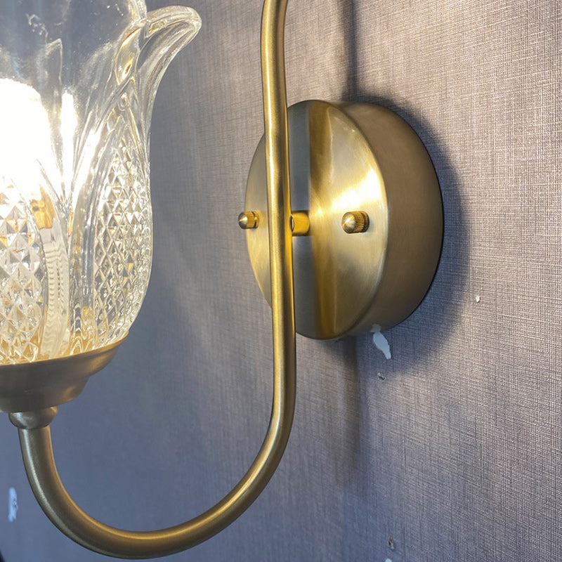 Contemporary Luxury Floral Disc Base Embossed Copper Glass 1/2 Light Wall Sconce Lamp Bedroom