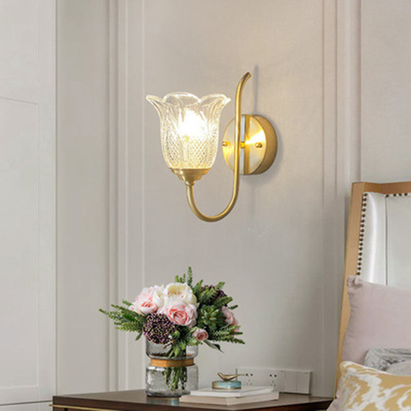 Contemporary Luxury Floral Disc Base Embossed Copper Glass 1/2 Light Wall Sconce Lamp Bedroom