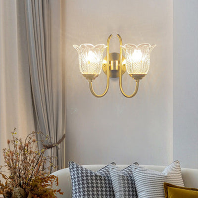 Contemporary Luxury Floral Disc Base Embossed Copper Glass 1/2 Light Wall Sconce Lamp Bedroom