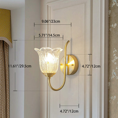 Contemporary Luxury Floral Disc Base Embossed Copper Glass 1/2 Light Wall Sconce Lamp Bedroom