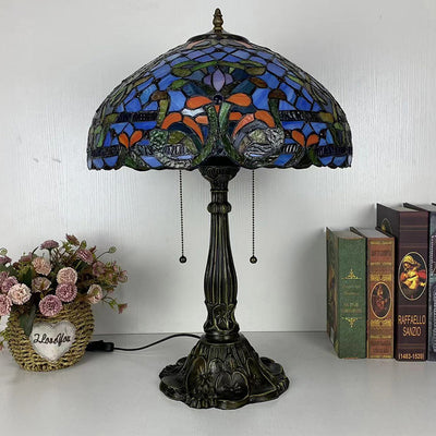 Traditional Tiffany Half Round Umbrella Oval Lotus Leaf Base Alloy Glass 1-Light Table Lamp For Bedroom