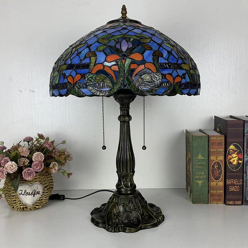 Traditional Tiffany Half Round Umbrella Oval Lotus Leaf Base Alloy Glass 1-Light Table Lamp For Bedroom