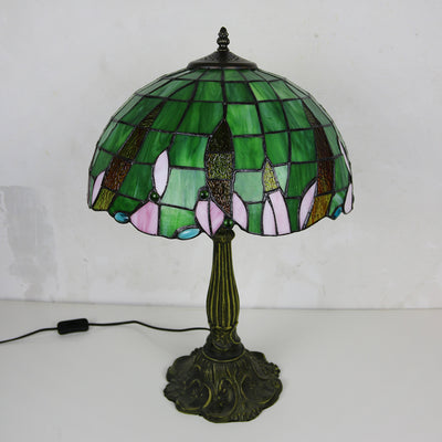 Traditional Tiffany Half Round Umbrella Oval Lotus Leaf Base Alloy Glass 1-Light Table Lamp For Bedroom