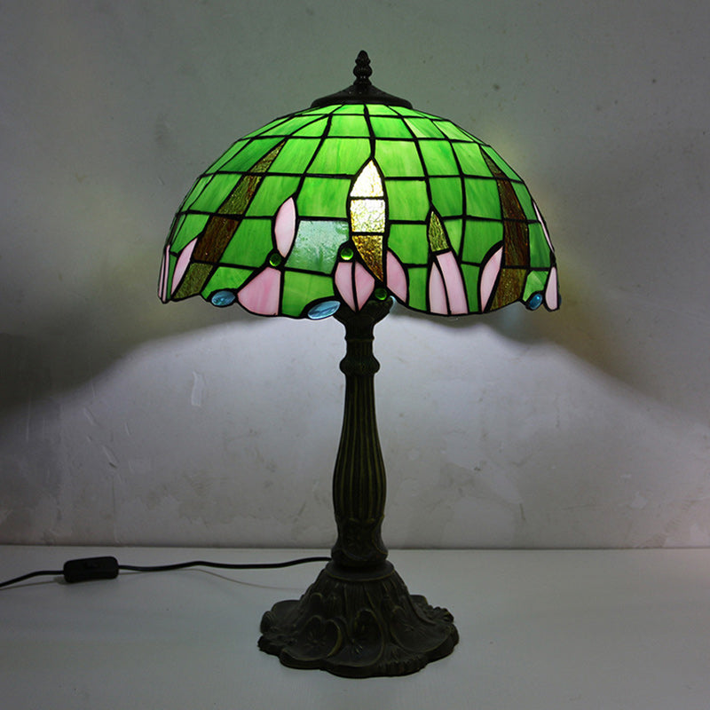 Traditional Tiffany Half Round Umbrella Oval Lotus Leaf Base Alloy Glass 1-Light Table Lamp For Bedroom