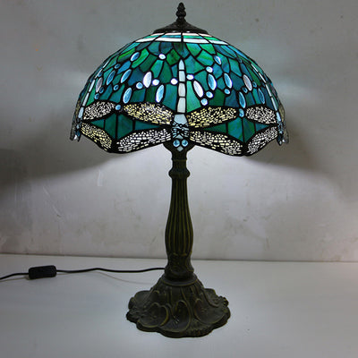 Traditional Tiffany Half Round Umbrella Oval Lotus Leaf Base Alloy Glass 1-Light Table Lamp For Bedroom