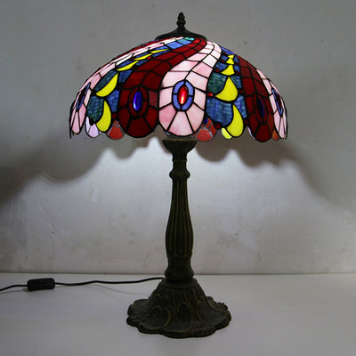 Traditional Tiffany Half Round Umbrella Oval Lotus Leaf Base Alloy Glass 1-Light Table Lamp For Bedroom