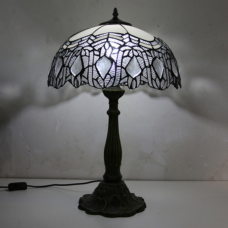 Traditional Tiffany Half Round Umbrella Oval Lotus Leaf Base Alloy Glass 1-Light Table Lamp For Bedroom