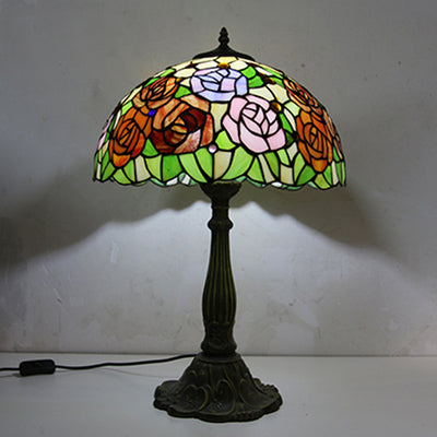 Traditional Tiffany Half Round Umbrella Oval Lotus Leaf Base Alloy Glass 1-Light Table Lamp For Bedroom