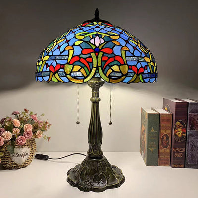 Traditional Tiffany Half Round Umbrella Oval Lotus Leaf Base Alloy Glass 1-Light Table Lamp For Bedroom