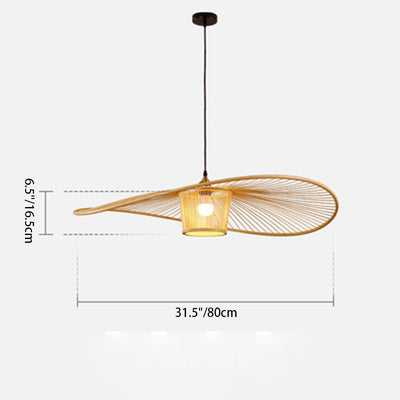 Traditional Japanese Cylinder Curved Hat Strip Rattan Bamboo 1-Light Pendant Light For Bedroom