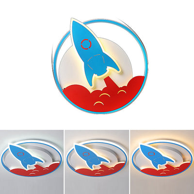 Modern Minimalist Cartoon Rocket Round Iron Aluminum Acrylic LED Flush Mount Ceiling Light For Bedroom