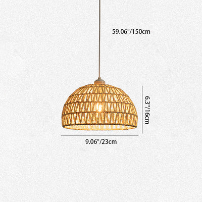 Traditional Japanese Half Round Sisal Rope Iron 1-Light Pendant Light For Bedroom