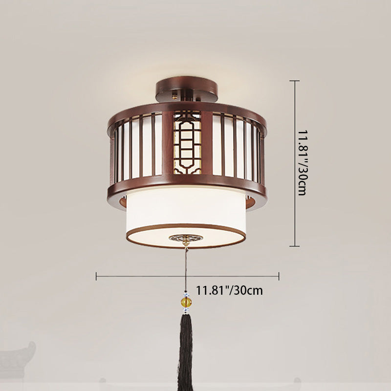 Traditional Chinese Cylinder Hollow Tassel Solid Wood Fabric 1-Light Semi-Flush Mount Ceiling Light For Living Room