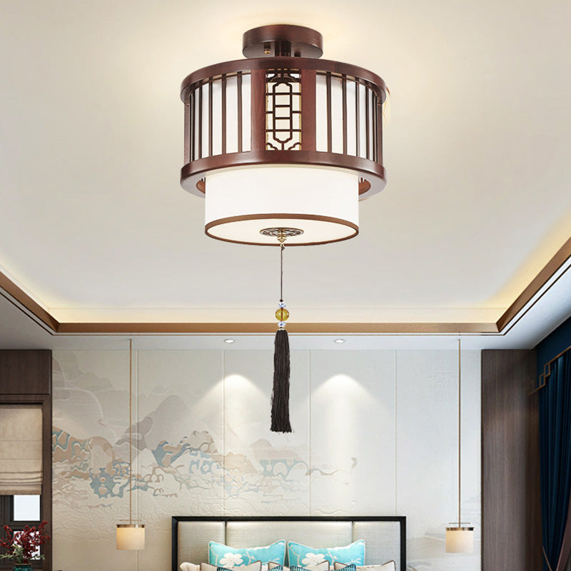 Traditional Chinese Cylinder Hollow Tassel Solid Wood Fabric 1-Light Semi-Flush Mount Ceiling Light For Living Room