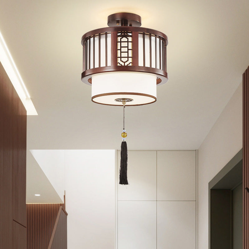 Traditional Chinese Cylinder Hollow Tassel Solid Wood Fabric 1-Light Semi-Flush Mount Ceiling Light For Living Room