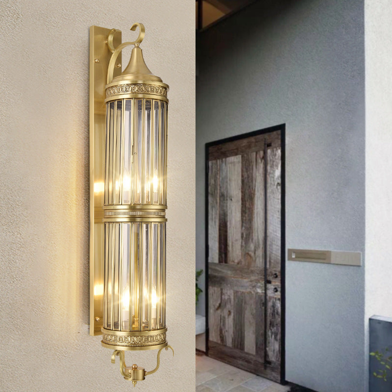 Contemporary Scandinavian Waterproof Cylinder Flare Stripe Copper Glass 1/3/6 Light Outdoor Wall Sconce Lamp For Garden