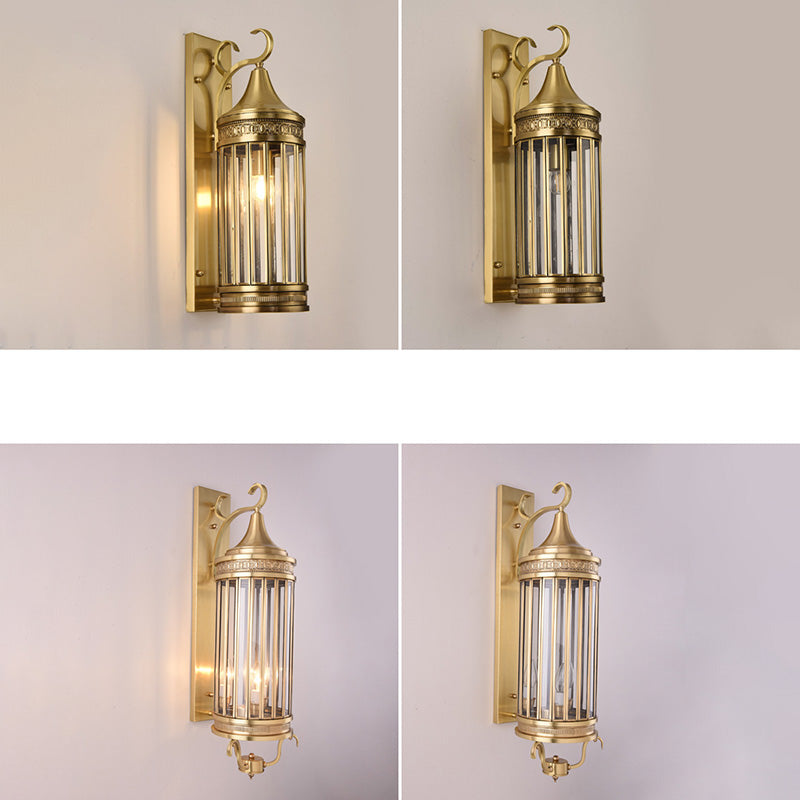 Contemporary Scandinavian Waterproof Cylinder Flare Stripe Copper Glass 1/3/6 Light Outdoor Wall Sconce Lamp For Garden