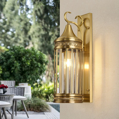 Contemporary Scandinavian Waterproof Cylinder Flare Stripe Copper Glass 1/3/6 Light Outdoor Wall Sconce Lamp For Garden