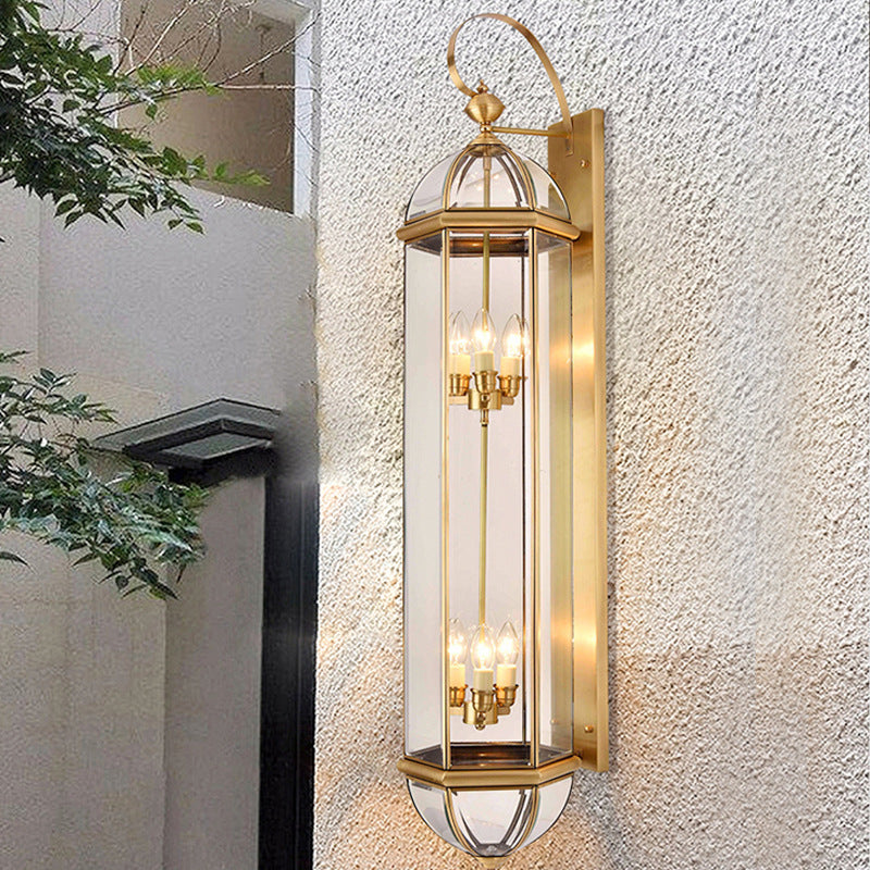 Modern Luxury Waterproof Cylinder Rectangle Half Round Copper Glass 1/3/6 Light Wall Sconce Lamp For Garden