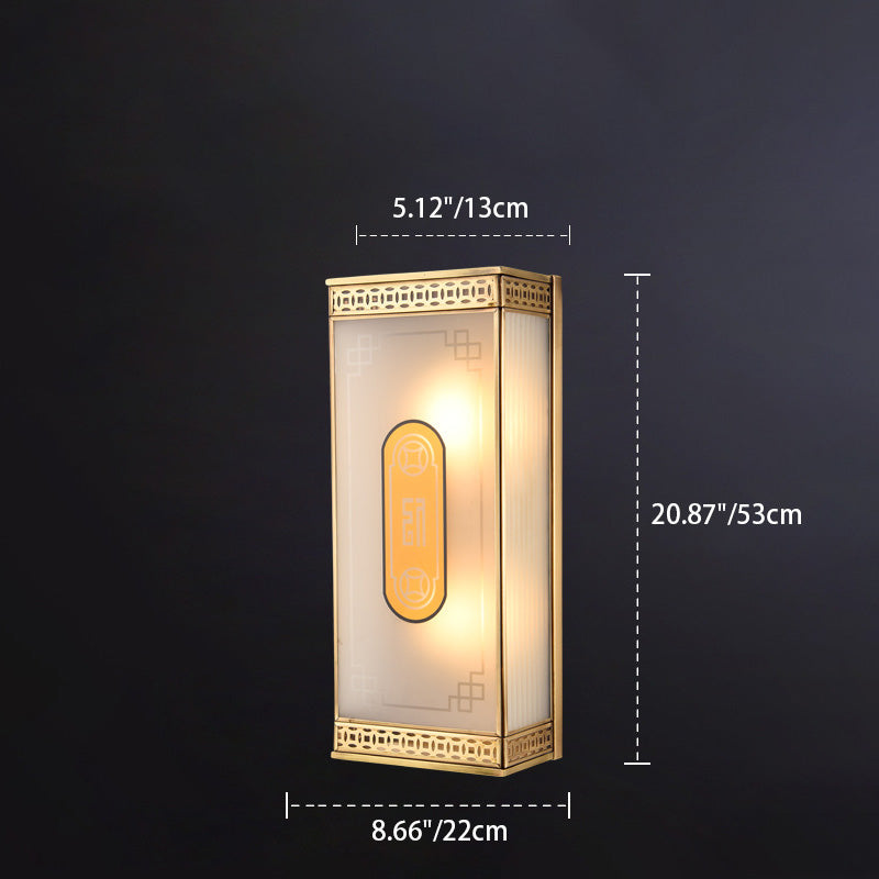 Traditional Chinese Rectangle Oval Pattern Copper Frosted Glass 1/2 Light Wall Sconce Lamp For Living Room