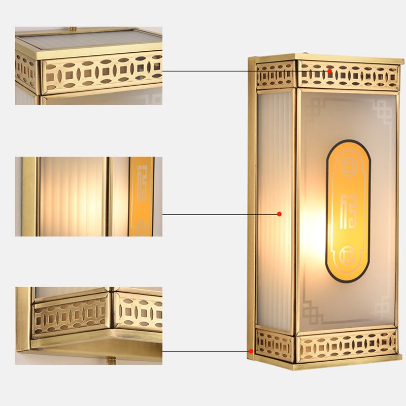 Traditional Chinese Rectangle Oval Pattern Copper Frosted Glass 1/2 Light Wall Sconce Lamp For Living Room