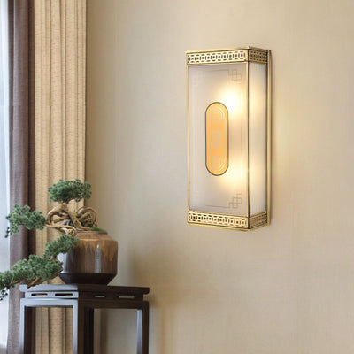 Traditional Chinese Rectangle Oval Pattern Copper Frosted Glass 1/2 Light Wall Sconce Lamp For Living Room