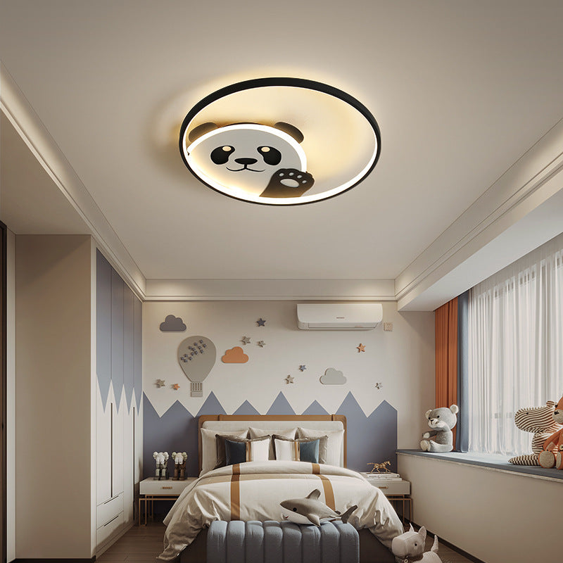 Modern Minimalist Cartoon Panda Round Iron Acrylic LED Flush Mount Ceiling Light For Bedroom