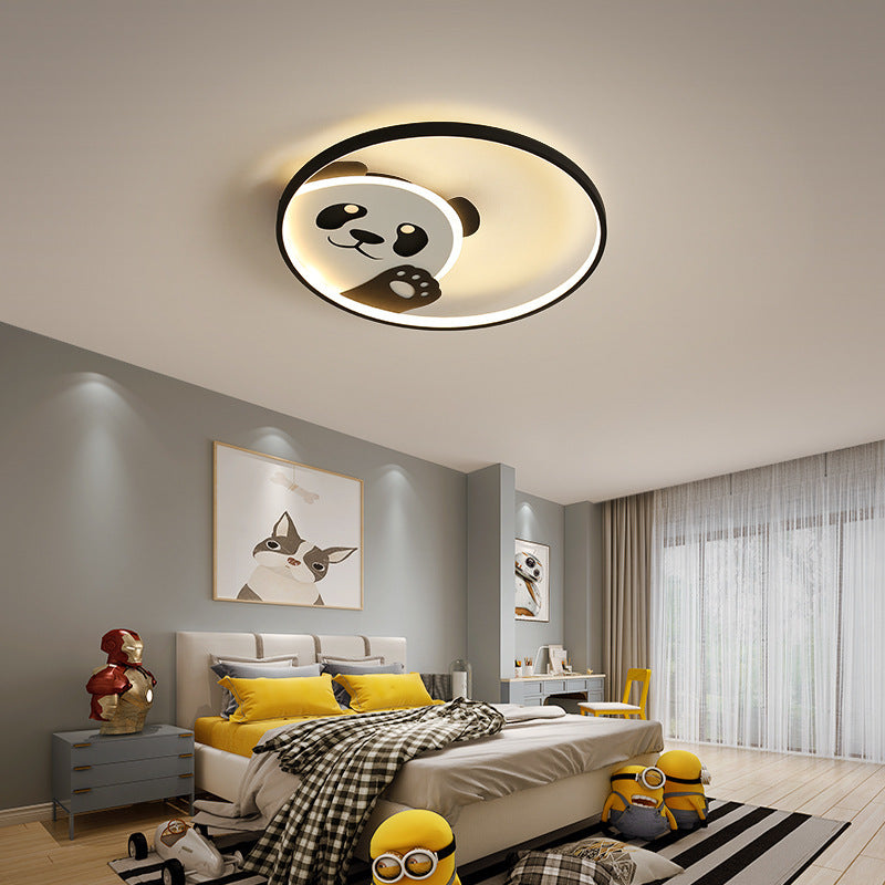 Modern Minimalist Cartoon Panda Round Iron Acrylic LED Flush Mount Ceiling Light For Bedroom