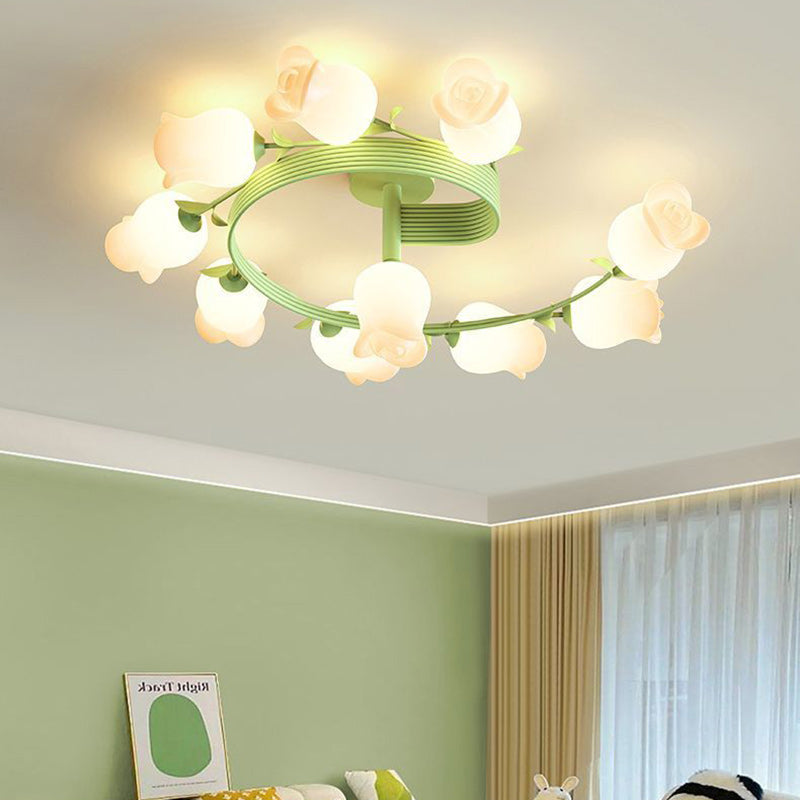 Zeitgenössische kreative Zweig Rose Blume lange Eisen PE 4/5/6/10 Licht Semi-Flush Mount Deckenleuchte für Wohnzimmer 